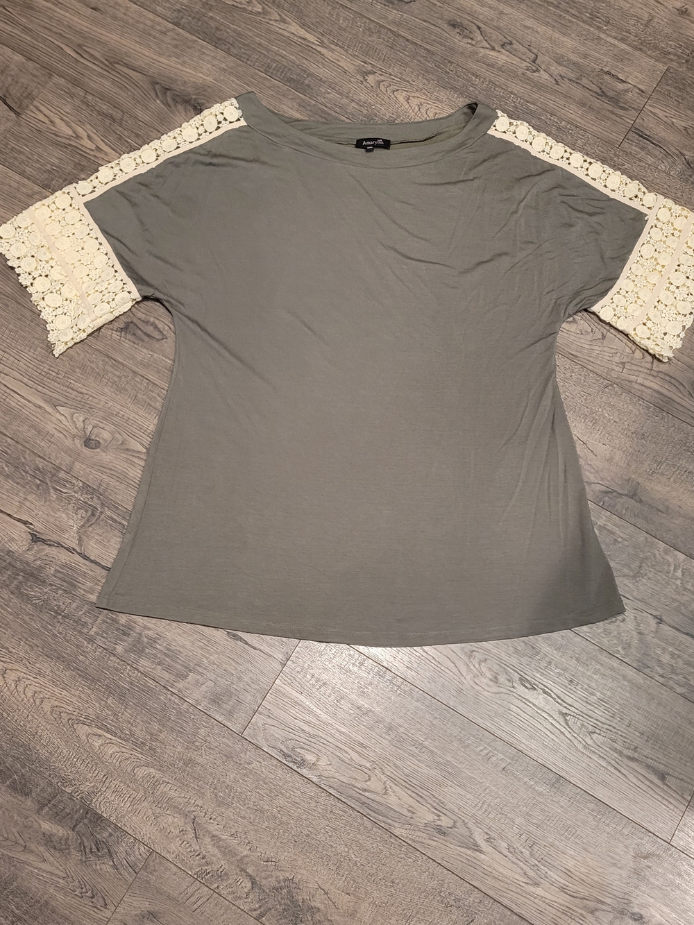 Amaryllis Lainey Lace Trim Sleeves Top Women’s Olive Green with Cream Crochet 2X